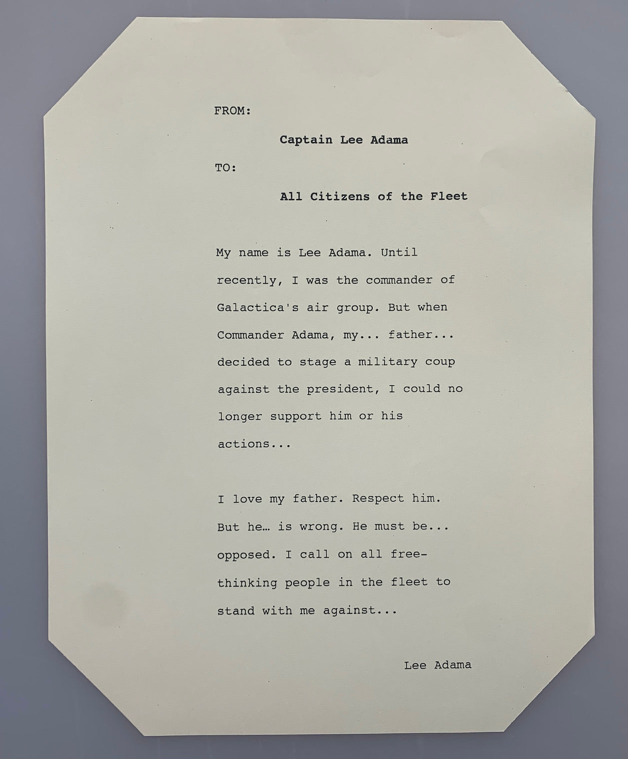 Battlestar Galactica Lee Adama Speech w/ COA