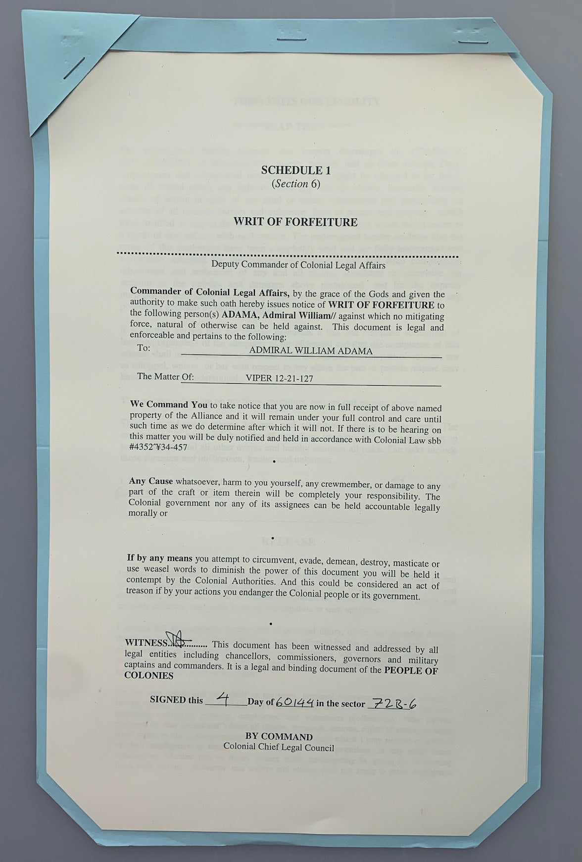 Battlestar Galactica Viper Writ of Forfeiture w/ COA