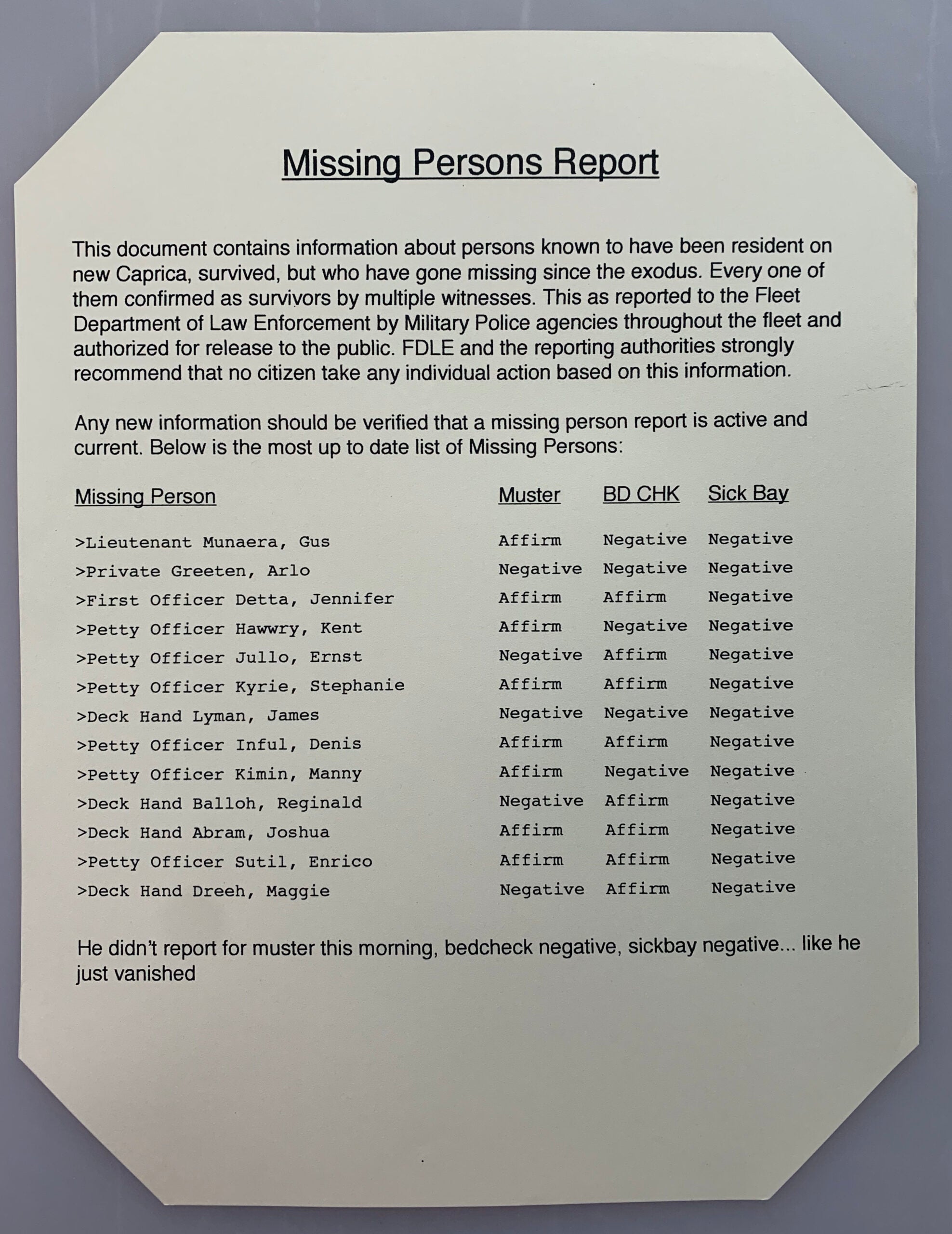 Battlestar Galactica Missing Person Report w/ COA