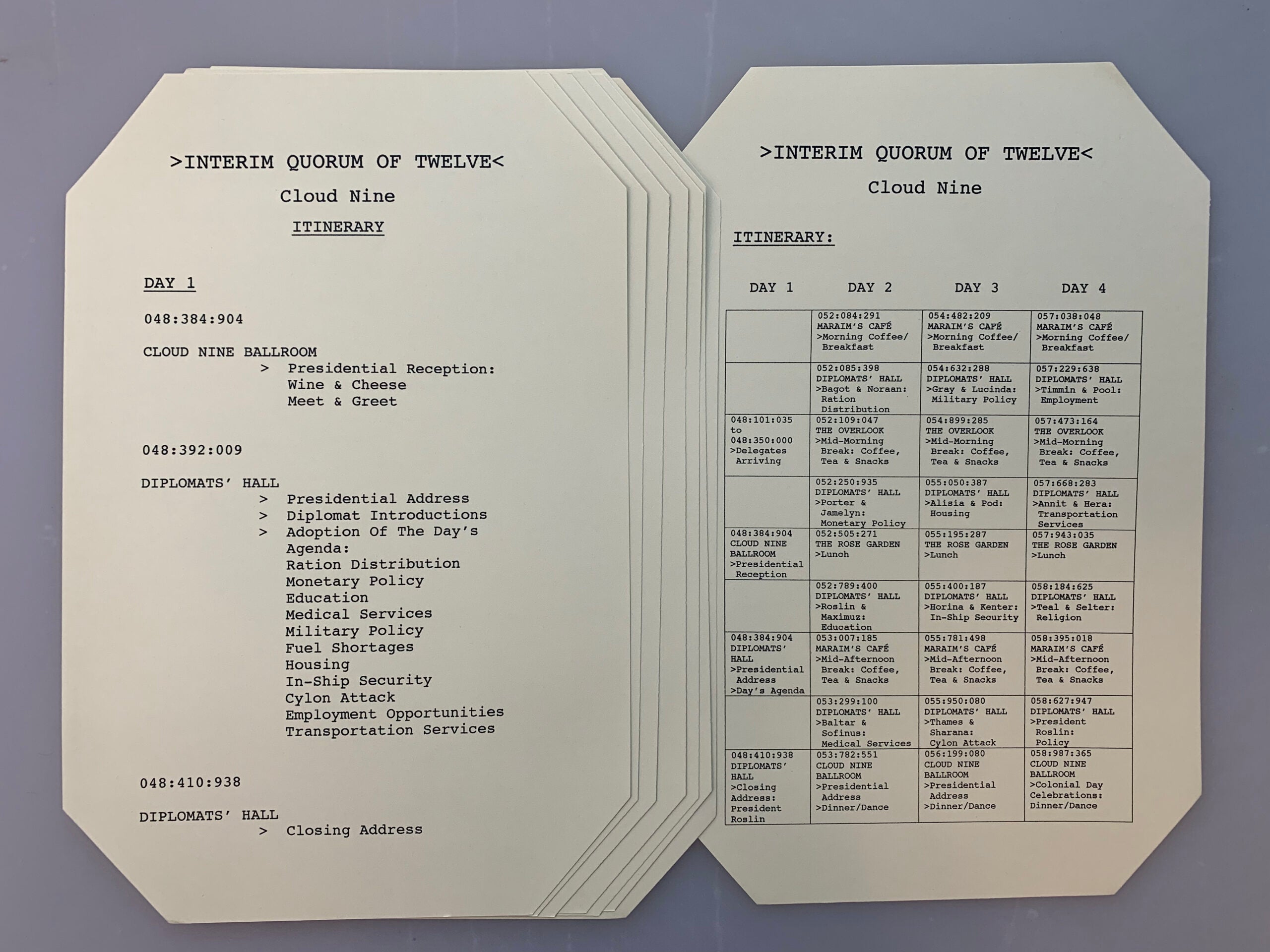 Battlestar Galactica Quorum of Twelve Itinerary from episode "Colonial Day" w/ COA